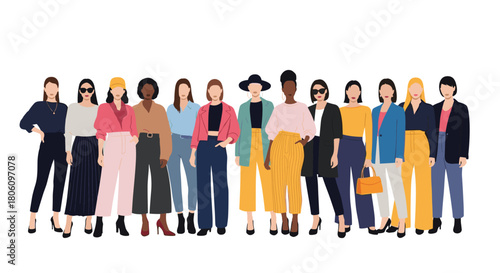 A diverse and stylish group of women standing together, showcasing modern fashion and confidence in a collective display of female empowerment.