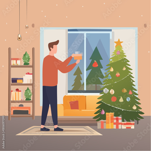 Man Decorating Christmas Tree in Cozy Home Holiday Season Interior Design