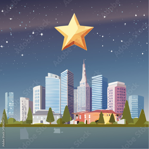 Vector art of a modern urban skyline at night, where a giant golden star shines brightly in the sky, symbolizing achievement or a magical holiday