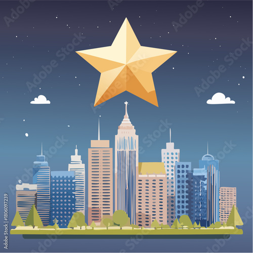 A Shining Golden Star Illuminates a Bustling Cityscape Under a Starry Night Sky