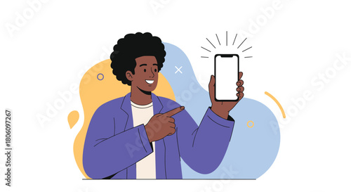 Joyful Black man with afro points to a glowing smartphone, showcasing a new mobile application or digital service.
