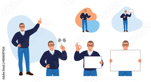 Professional man in casual attire presenting, explaining, and showing information through various gestures and blank signs.
