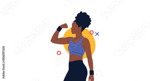 A confident African American woman in athletic wear proudly flexes her bicep, symbolizing strength, fitness, and empowerment in a vibrant illustration.