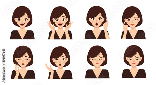 A collection of a young woman's various facial expressions and emotions, from happy and surprised to thoughtful, winking, and sad.