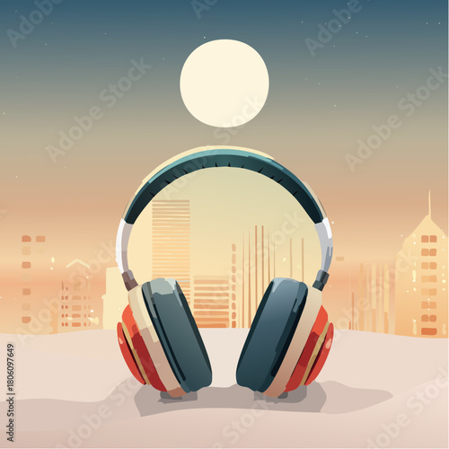 Headphones on rooftop with cityscape at sunset, listen to music, enjoying the moment