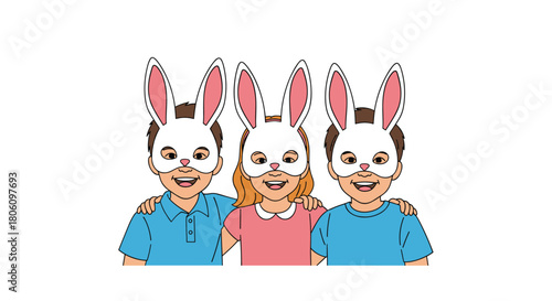 Three happy children, two boys and a girl, smile broadly while wearing white bunny masks and embracing each other, symbolizing friendship and joy.