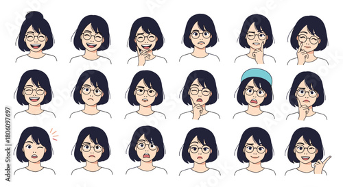A set of cartoon illustrations showing a young woman with glasses displaying diverse facial expressions and emotions, including happiness, surprise, and thought.