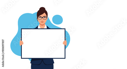 Professional businesswoman wearing glasses and a suit holds a blank white sign for your message or advertisement, against a white and blue background.