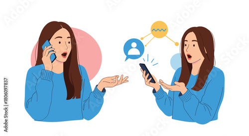 Two surprised women depict modern digital communication, one talking on the phone and the other reacting to social media content on her smartphone.