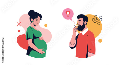 A pregnant woman cries, concerned by a man smoking a cigarette nearby, symbolizing the dangers of passive smoking for expectant mothers.