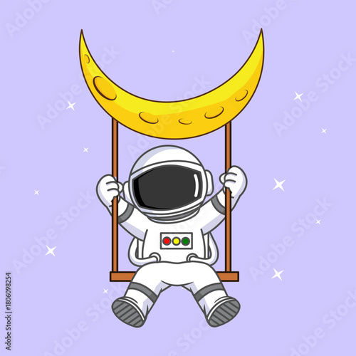 Astronaut Swinging on a Crescent Moon Vector Illustration Cartoon Design
