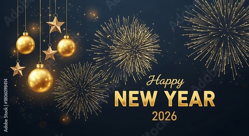 Golden new year 2026 celebration with sparkling fireworks and festive hanging ornaments creating a luxurious and celebratory atmosphere for the upcoming holiday season
