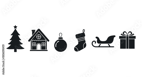 Collection of black christmas icons including a tree house ornament stocking sleigh and gift