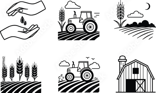 Agriculture vector icons, farming scenes, tractor, barn, wheat field, seed planting, rural life, black illustration, crop care, eco design