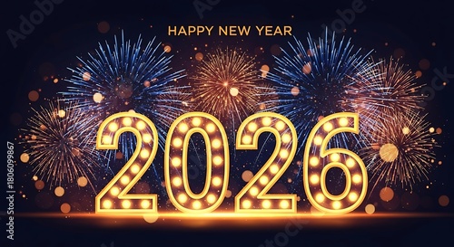 Bright illuminated 2026 numbers glowing with warm light against a backdrop of vibrant colorful fireworks celebrating the new year