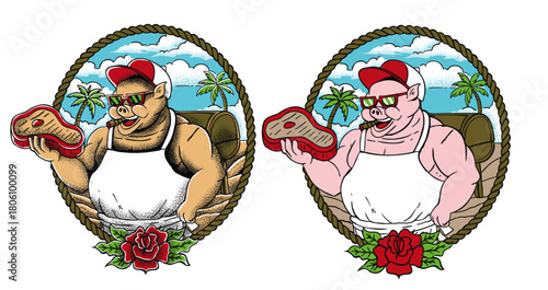 Vintage Style Pig Chef Drawing Holding a Piece of Meat