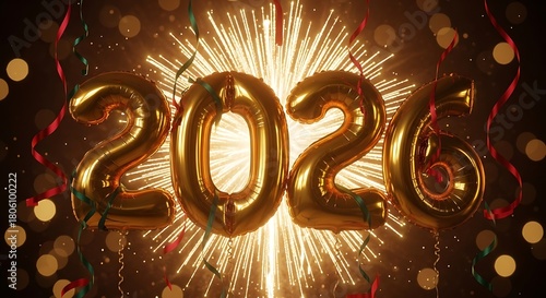 Golden balloons spelling out the year 2020 illuminated by bright fireworks and sparkling bokeh lights creating a festive new year s eve celebration atmosphere