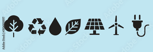 Black icons of environmental symbols on light blue background