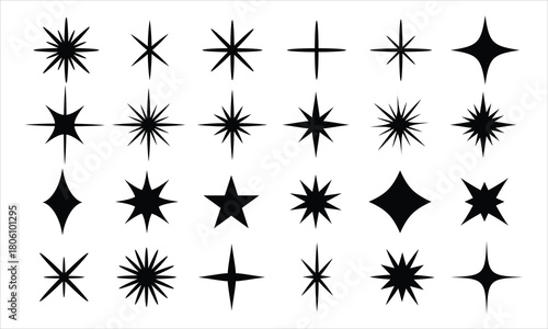 Sparkle stars collection. Minimalistic star set. Sunburst shape bundle. Vector illustration.