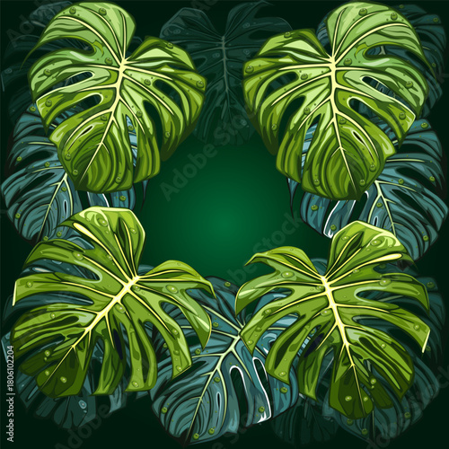 Mysterious jungle at night and monstera leaves and tropical forest outline patterns
