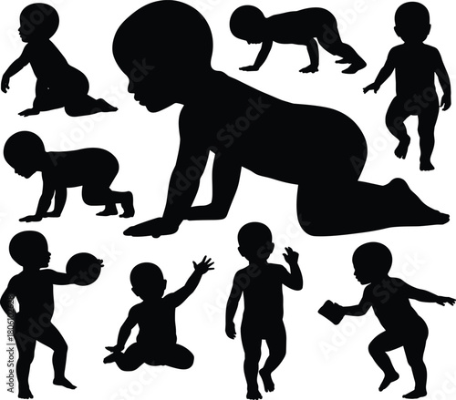 Baby silhouette illustration set, crawling and walking poses, infant development icons, toddler movement graphic, early childhood activity shapes