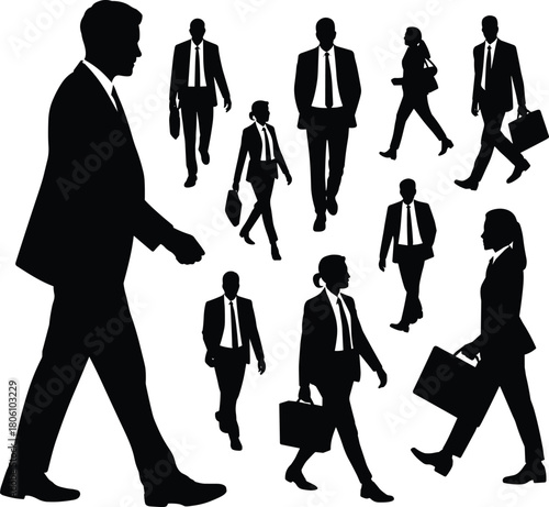 Business professional walking silhouette set, formal attire poses, commuting icons, corporate movement graphic, office figure shapes, briefcase symbols