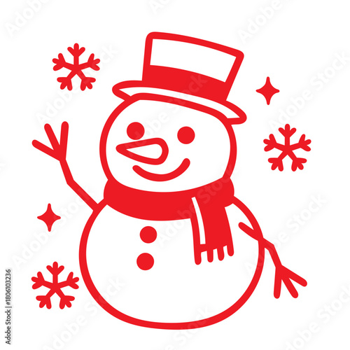 Cute Snowman Vector Outline with Top Hat and Scarf Waving Hand