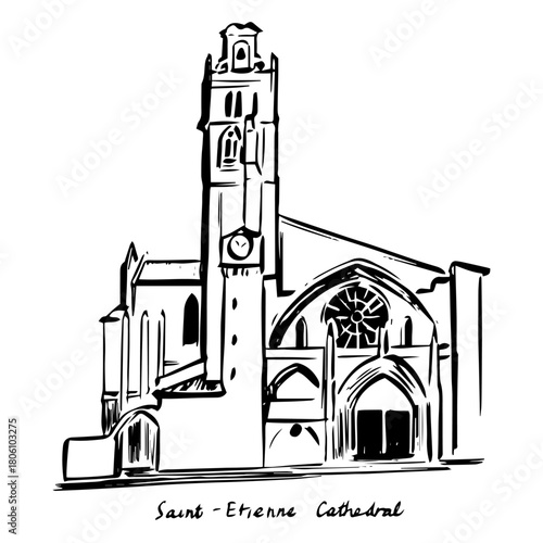 Detailed black and white ink illustration of Saint-Étienne Cathedral in Toulouse, France — fine architectural line art showing Gothic façade, arches, and tower in elegant hand-drawn sketch style