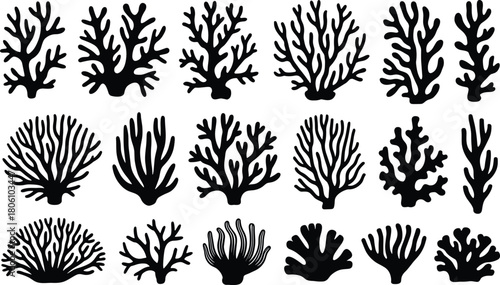Coral silhouette illustration set, marine graphic icons, underwater shapes, reef structure design, ocean element, aquatic nature, sea life