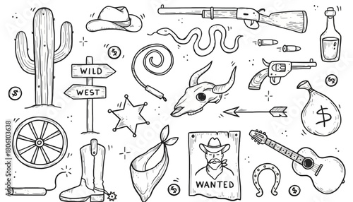 Hand-drawn collection of Wild West doodle icons, featuring cowboy gear, a cactus, a skull, and other western symbols in a sketchy style