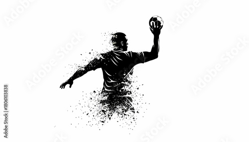 Dynamic black and white abstract illustration of a handball player throwing a ball with a particle explosion effect