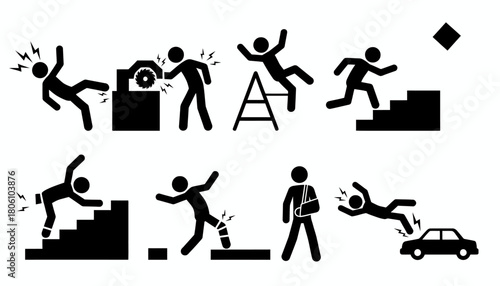 A collection of stick figure icons depicting common accidents, physical injuries, and workplace safety hazards
