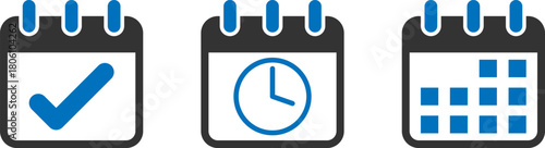 Three stylized calendars representing tasks time and scheduling