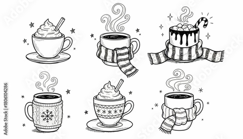 A charming hand-drawn collection of cozy winter mugs filled with hot chocolate and coffee, adorned with festive scarves and toppings