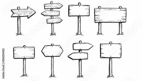 A hand-drawn collection of rustic wooden signposts and blank directional arrows. Vintage sketch illustrations for guidance and creative design
