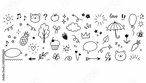 Whimsical collection of hand-drawn cute doodle elements featuring animals, nature, and abstract symbols for creative design