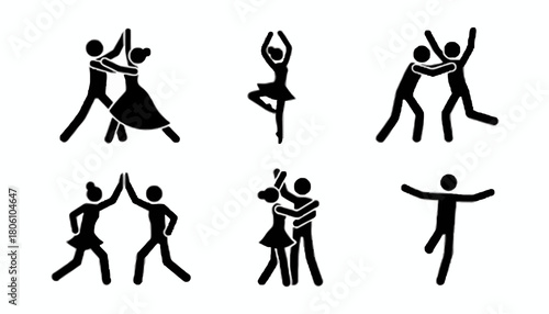 A minimalist set of stick figure pictograms illustrating various dance poses and celebratory movements for couples and individuals