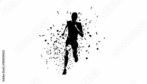 Abstract illustration of a running man's silhouette shattering into fragments. Vector graphic representing speed and explosive energy