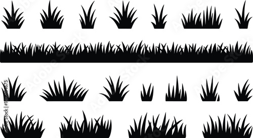 Grass silhouette illustration set, stylized blades and clumps, nature graphic, landscape element, ground foliage icon, outdoor design shapes