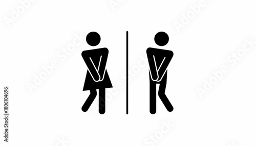 A humorous vector graphic of man and woman icons desperately needing the restroom, symbolizing a bathroom emergency