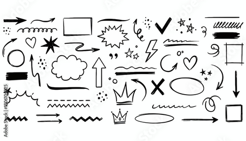 Set of hand-drawn sketch elements. Vector collection of arrows, underlines, hearts, and stars for creative annotation and design