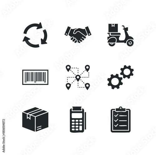 Set of icons representing logistics, delivery services, and business operations with a handshake, package, scooter, and checklist
