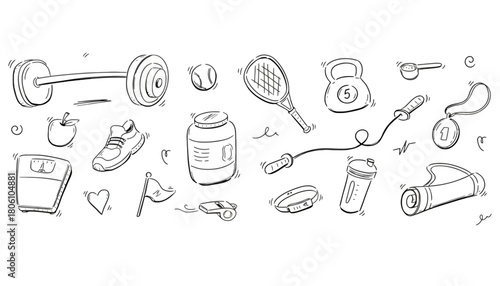 Hand-drawn doodle collection of sports equipment and fitness icons for a healthy lifestyle. Vector sketch illustration set