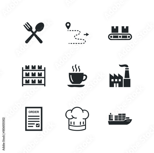 Collection of industry and service icons representing logistics, food, manufacturing, and shipping operations