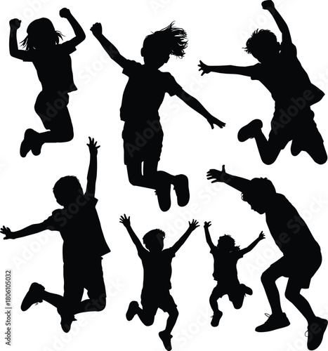 Jumping children silhouette illustration set, playful poses, energetic movement, youth icon, happy kids, freedom graphic, joyful body language
