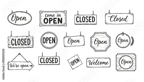 A collection of hand-drawn vintage open and closed signs for businesses. Sketch style vector illustration set