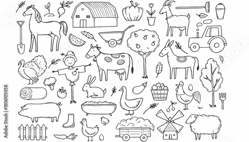 Hand-drawn collection of farm life doodles featuring animals, barn, tractor, and crops. Vector outline illustration set for coloring