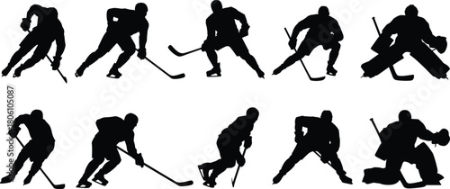 Ice hockey player silhouettes, skating action, goalie poses, stick handling, dynamic sports illustration, team defense, puck control, athletic movement