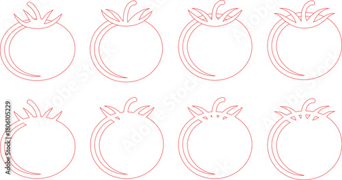 Eight Red Tomato Outlines with Varying Stem and Leaf Designs on White Background