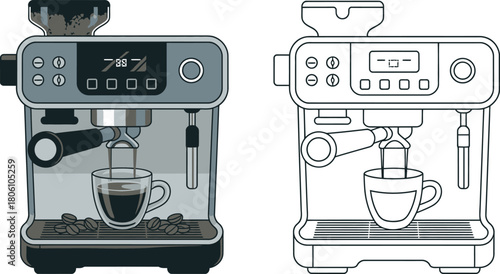 Espresso Machine Illustration Color Version with Coffee Beans and Black and White Outlined Version